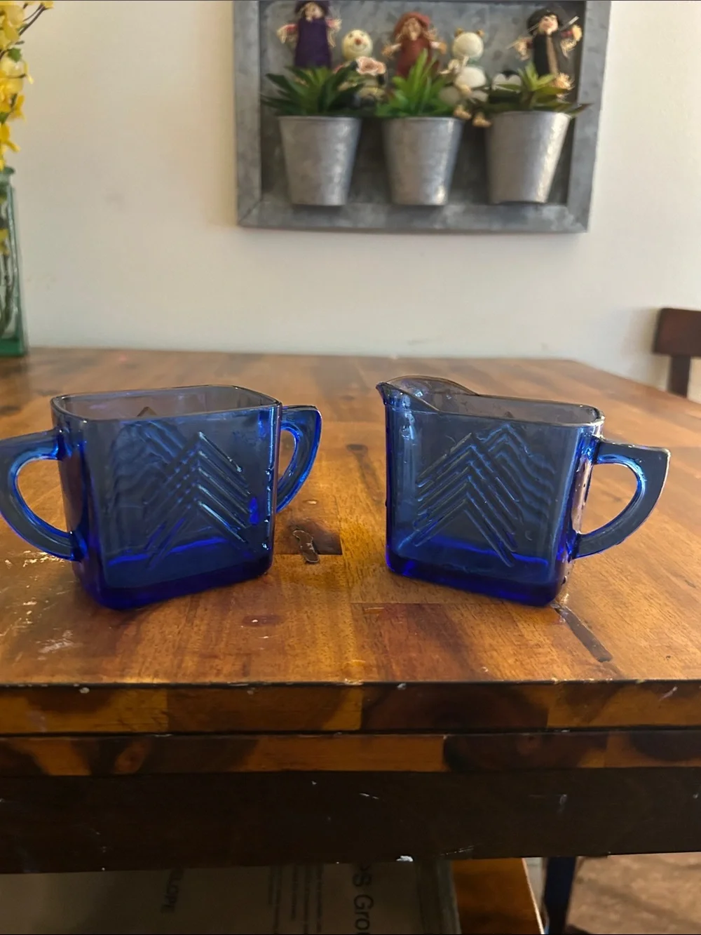 Vintage Hazel Atlas Cobalt Blue Art Deco Chevron Glass Creamer and Sugar Set